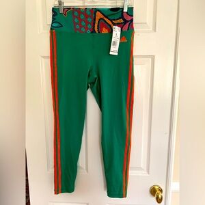 Farm Rio Adidas Leggings: Green w/Orange Stripes, Tight Fit, Full Length L